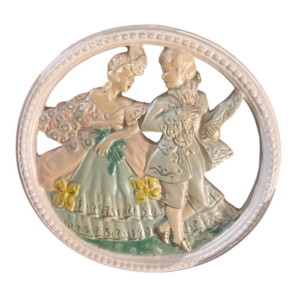 Vintage 40’s Chalkware Victorian 3-D Colonial Couple Baroque Plaque Wall Hanging